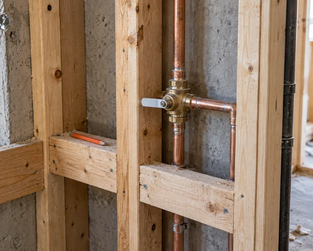 A plumbing detail recorded before drywall conceals it