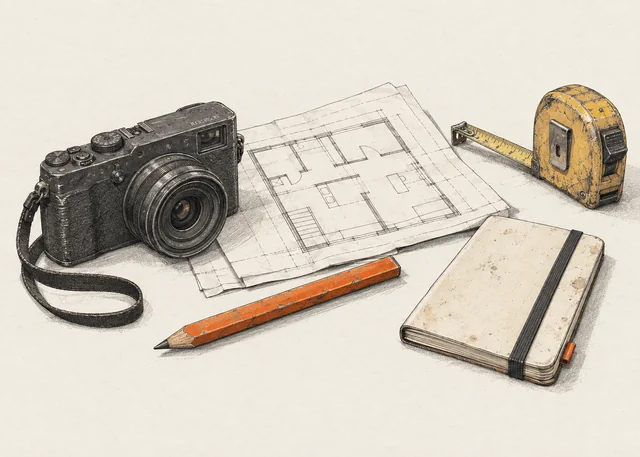 Pen illustration of a camera, notebook, pencil, and building plans