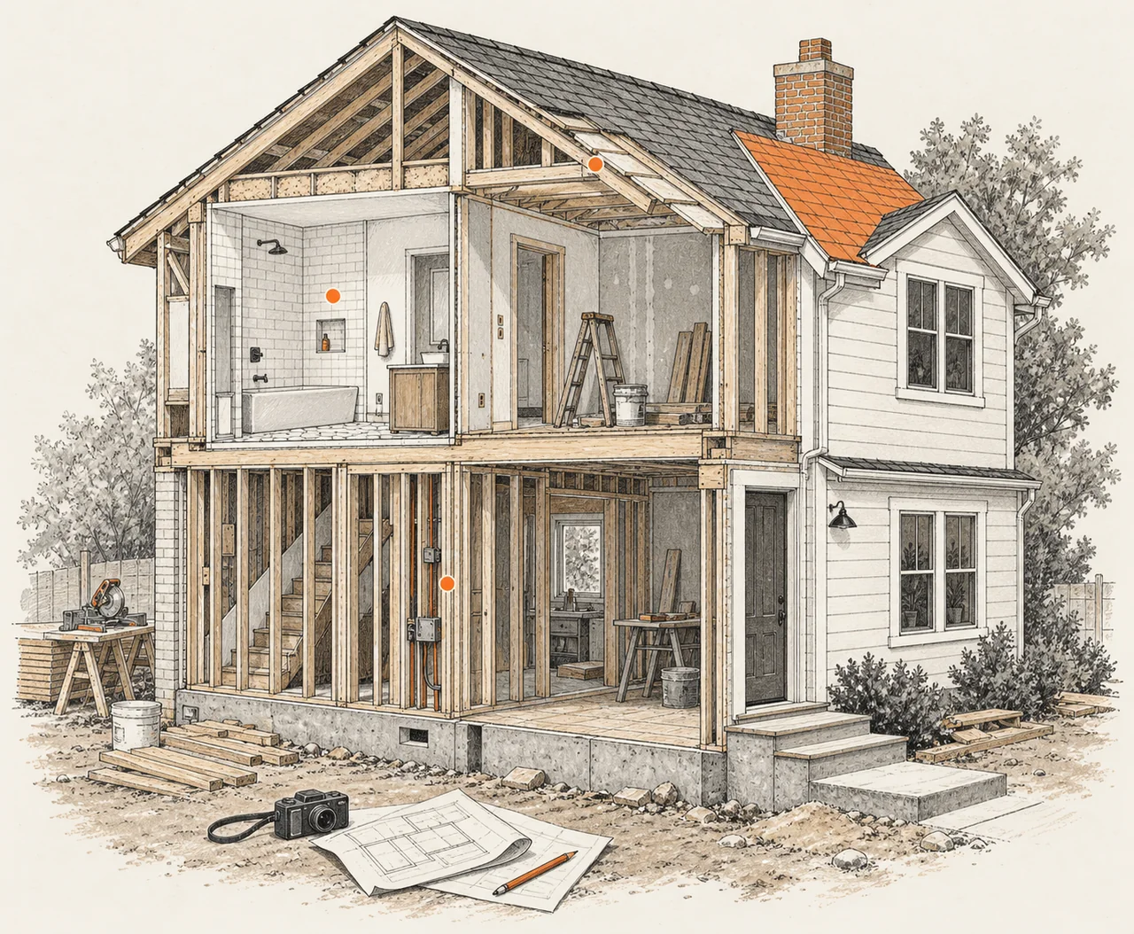 Architectural pen illustration of a house cutaway showing framing, plumbing, and finished rooms