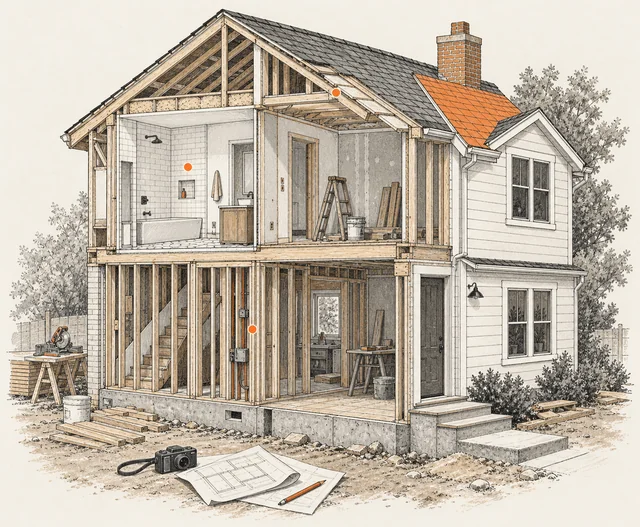 Architectural cutaway of a house showing its hidden construction